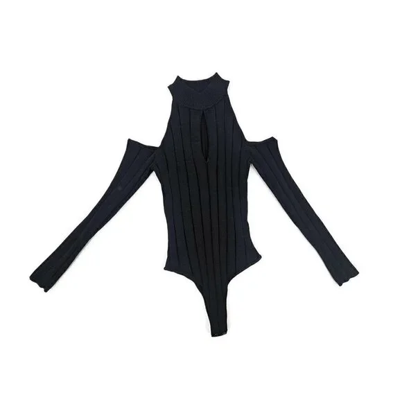 New Jonathan Simkhai Ribbed Bodysuit Women S Black Cold Shoulder Cut Out - Picture 2 of 6